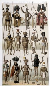 Tradisjonelle kostymer til urbefolkningen i Oseania. Illustrasjon i "" Le costume historique"" av Racinet av Albert Charles August Racinet
