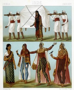Transport og tradisjonelle feminine kostymer. Illustrasjon i "" Le costume historique"" av Racinet av Albert Charles August Racinet