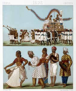 Transport, musikk, dans og tradisjonelle kostymer i India. Illustrasjon i "" Le costume historique"" av Racinet av Albert Charles August Racinet