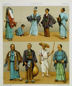 Ulike tradisjonelle japanske herrekostymer inkludert kimono. Kromolitografisk plate - i "" Le costume historique"" av Racinet av Albert Charles August Racinet