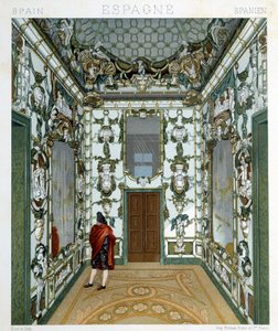Utsikt over en mann inne i det kongelige palasset i Madrid. Kromolitografisk plate - i "" Le costume historique"" av Racinet av Albert Charles August Racinet