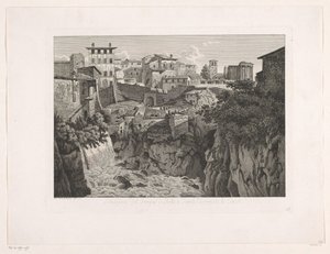 Utsikt over Tivoli, med Vesta-tempelet i det fjerne Situazione del Tempio di Vesta a Tivoli dirimpetto la Cascata (tittel på objekt) Malay radirte Prospekte aus Italien (serietittel)