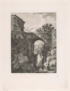 Foss nær San Rocco-broen i Tivoli Cascata, og Ponte di St. Rocco a Tivoli (tittel på objekt) Pittoreske etsede brosjyrer fra Italia (serietittel)