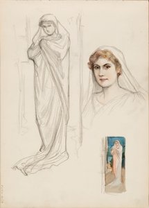 Aino Ackté som Alcestis, skisse av ansiktet og to helkroppsskisser av Albert Edelfelt