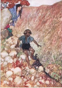 Ned gikk han som den modige lille mannen som han var, fra The Water Babies pub. av Humphrey Milford Oxford University Press, ca. 1930 (farge litho) av Albert Edward Jackson