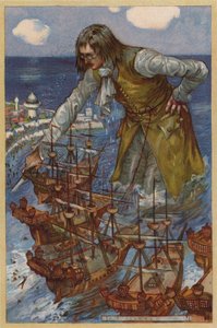 Gulliver fanger Blefuscudians-flåten (chromolitho)