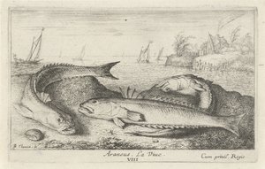 Tre flekkete tisser på stranden Araneus. LaVie. (tittel på objekt) Fisk og andre sjødyr - saltvanns andre serie (serietittel) Poissons de mer (serietittel) av Albert Flamen