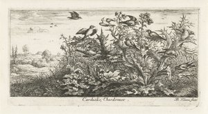 Landskap med gullfinker i tistel Carduelis; Chardonneret. (tittel på objekt) Fuglebok (serietittel) Livre d