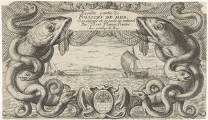 Havlandskap med kant av sjødyr og et fiskenett Fisk og andre sjødyr - saltvanns andre serie (serietittel) Poissons de mer (serietittel på objekt) av Albert Flamen