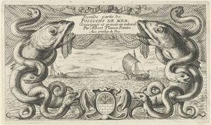 Havlandskap med kant av sjødyr og et fiskenett Fisk og andre sjødyr - saltvanns andre serie (serietittel) Poissons de mer (serietittel på objekt) av Albert Flamen