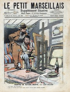 En maler på et loft som maler stilleben, vinflasken og kaken som brukes som modell står ikke stille. Illustrasjon av Albert Guillaume (1873-1942) fra "" Le petit Marseillais"" 04/05/1902 av Albert Guillaume