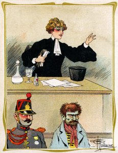 En kvinnelig advokat med et vakkert ansikt trygler og forsvarer sin klient ser tålmodig ut. Reklame, gravering 1902-1903 av Albert Guillaume