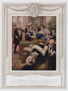 Belle Epoque Paris, fasjonabel dame som tar te (farge litho) av Albert Guillaume