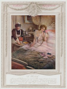 Belle Epoque Paris, fasjonabel dame som våkner (litho i farge) av Albert Guillaume