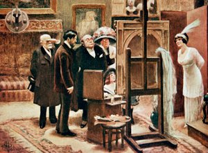 en maler som viser maleriet sitt, ca. 1920 (trykk) av Albert Guillaume