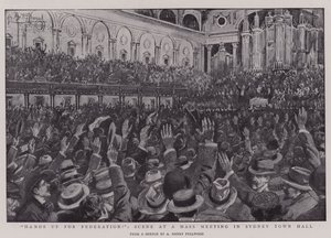 Hands up for Federation!, Scene på et massemøte i Sydney rådhus av Albert Henry Fullwood