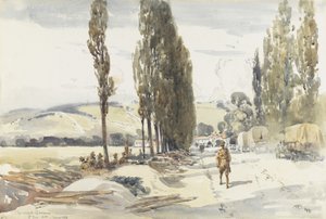 Road to Querrieu, 1918 (wc med blyant og kull på papir)