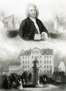 Portrett av Johann Sebastian Bach (1685-1750) og monument av Albert Henry Payne