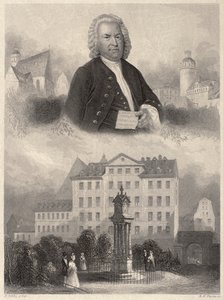 Portrett av Johann Sebastian Bach, Bachs monument og St. Thomas kirke og skole i Leipzig, ca. 1860