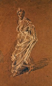 Studie av en jente som går frem og har på seg en lang kjole, ca. 1870 (svart-hvitt kritt på brunt papir) av Albert Joseph Moore