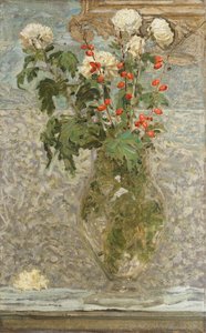 Hvite krysantemum og røde bær (olje på lerret) av Albert Joseph Moore