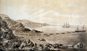 installasjon av den første transatlantiske telegrafiske kabelen mellom Irland og Canada (1857) gravering av Albert Kruger ca. 1870 av Albert Kruger