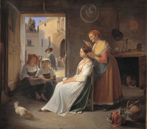 En ung italiensk kvinne som blir utsmykket av sin mor