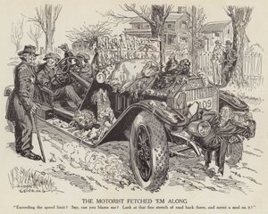 Tegneserie som håner en mann som kjører bilen sin over fartsgrensen (litho) av Albert Levering