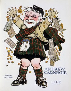 Charge-portrett av Andrew Carnegie i rutete dress og kaster penger - av Albert Levering (1869-1929), i "" Life"" fra 13.04.1905 av Albert Levering