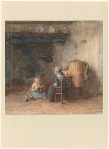 To barn i et gårdsinteriør