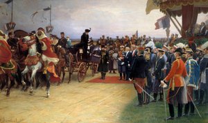 President Emile Loubet (1836-1929) ønsker tsar Nicholas II (1868-1918) og Impress Alexandra velkommen den 21.09.1901 på Betheny Camp Painting av Albert Dawant (1852-1923) 1905 Søn., 09x3,56 m