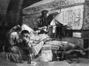 The last moment of Chlodobert (or Clodebert died in 580). “” Fredegonde and Chilperic 1st placed their son on a stretcher lying near the tomb of Saint Medard but the sick man fell into agony...” Engraving after the painting by Albert Maignan (1845-1908). E