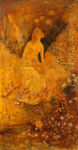 Panel for en skjerm: Kvinne med en hjort, ca. 1876. av Albert Pinkham Ryder