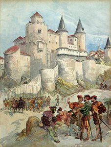 En fange, Francois 1. (1494-1547) ble låst inne i et tårn på Alcazar i Madrid (Spania) frem til 1526. Illustrasjon av Albert Robida