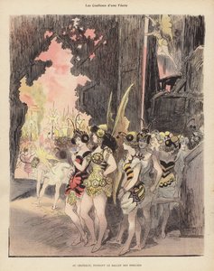 Backstage under en produksjon av Ballet des Insectes på Theatre du Chatelet, Paris (farge litho) av Albert Robida