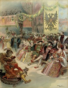 Bal ved hoffet til kongen av Frankrike, Francois 1. (1494-1547), med nærvær av Charles V (1500-1558) konge av Spania og keiser av Det hellige romerske rike Germanic, i slottet Fontainebleau, i 1539. Illustrasjon av Albert Robida