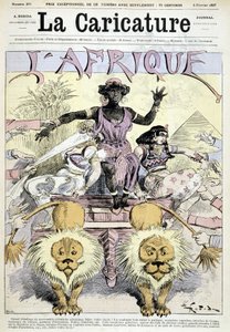 Tegneserie om kolonialisme i Afrika “” Flott utpakking av afrikanske koloninyheter, gjør ditt valg! Et helt kontinent å dele, flotte anledninger, stykker av Kongo, biter av Guinea” av Robida - i “” La Caricature”” fra 05/02/1887
