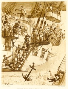 Avgang av en transatlantisk ballong, fra Le Vingtieme Siecle, pub. 1883 litografi, 1883. av Albert Robida