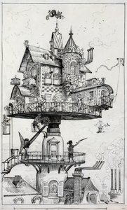 Tegning viser en boligstruktur hevet over hustak og designet for å rotere og justere i forskjellige retninger, tegning av Albert Robida ca. 1883 av Albert Robida