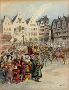 Valg av Karl V (1500-1558) til keiser av Tyskland 28. juni 1519. De syv kurfyrstkårene går gjennom gatene i Frankfurt (Tyskland). Illustrasjon av Albert Robida