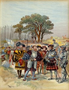 Femte italienske krig (1515-1516): ved leiren trakk seg tilbake fra Bicocca (bicoque) foran Milano (Italia), i 1516, krevde sveitserne lønn, conge eller kamp, Odet de Foix, Viscount de Lautrec, marechal of France (1485-1528) kunne ikke betale dem. Illustra av Albert Robida