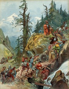Femte italienske krig (1515-1516): passasjen av Alpene i august 1515, ved Larche-passet, av hæren til Francois I (1494-1547), på vei til Italia. Illustrasjon av Albert Robida