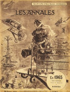 Første utgivelse av den profetiske romanen «En 1965»» av Albert Robida (1848-1926) i 1919 i magasinet «Annales Politiques et Litteraires» - Paris lider av trafikkbelastning... i himmelen! Selvflygende (selvflygende) og taxifly (fly av Albert Robida