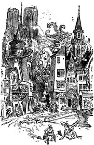 Kjempen Gargantua går gjennom Paris og sår panikk og ødeleggelse i veien hans. Han lærer å spytte på katedralen Notre Dame de Paris, hvis tårn i bakgrunnen er utmerkede. Med dette spyttet vil mer enn 3000 parisere drukne! Illustrasjon av Albert Robida