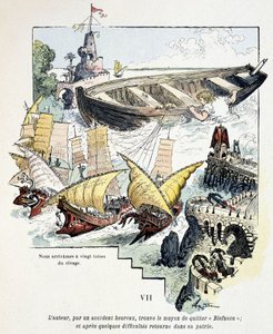 Gulliver og hans gigantiske båt i havnen til Lilliputians - i "" Voyages de Gulliver"" av Jonathan Swift (1721), ill. av Robida av Albert Robida
