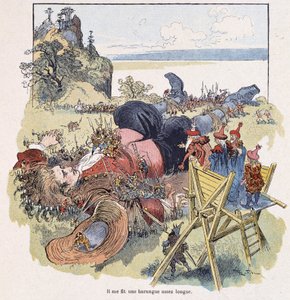 Gulliver bundet av Lilliputians - i "" Gulliver Voyages"" av Swift, syk. av Robida av Albert Robida