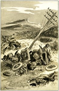Illustrasjon av Albert Robida (1848-1926) for Leon Berthaults bok quot;quot; Le record du tour du monde quot;quot;, Mame-utgaven fra 1900-tallet (1911) - en trafikkulykke rundt 1900: bil som traff en telegrafisk linjestolpe. Kaster ut passasjerer er skadet av Albert Robida