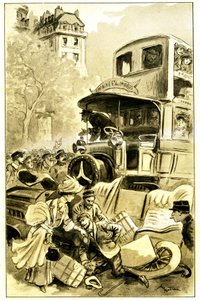 Illustrasjon av Albert Robida (1848-1926) for Leon Berthaults bok «Le record du tour du monde», utgave Mame debut 20. århundre (1911) - en trafikkulykke i Paris rundt 1900: bil påkjørt av en omnibus. Sjåføren er skadet - av Albert Robida