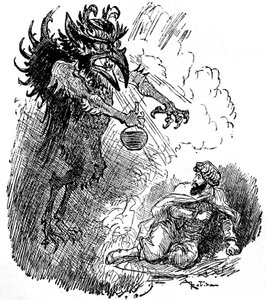 Illustrasjon av Albert Robida (1848-1926) av en arabisk legende (1001 netter) (Tales of the Thousand and One Nights): en fryktelig demon (ond ånd) presenterer en mann med en flaske vin. gravering av boken quot;Choix de lecturesquot;quot; Armand Colin 1926. av Albert Robida