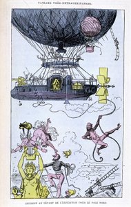 Hendelse ved avgangen av ekspedisjonen til Nordpolen (aerostat og sprø scener), parodi på Jules Verne, "" Veldig ekstraordinære reiser av Saturnin Farandoul i 5 eller 6 deler av verden og i alle landene kjent eller ukjent for Mr. Jules Verne" av Albert Robida